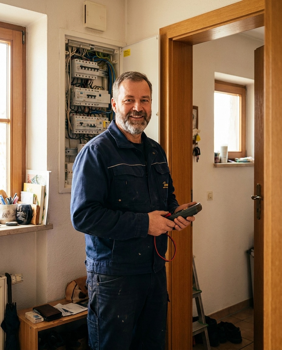 NexVolt Elektro-Meister mit Multimeter vor dem Sicherungskasten in einem deutschen Wohnhaus