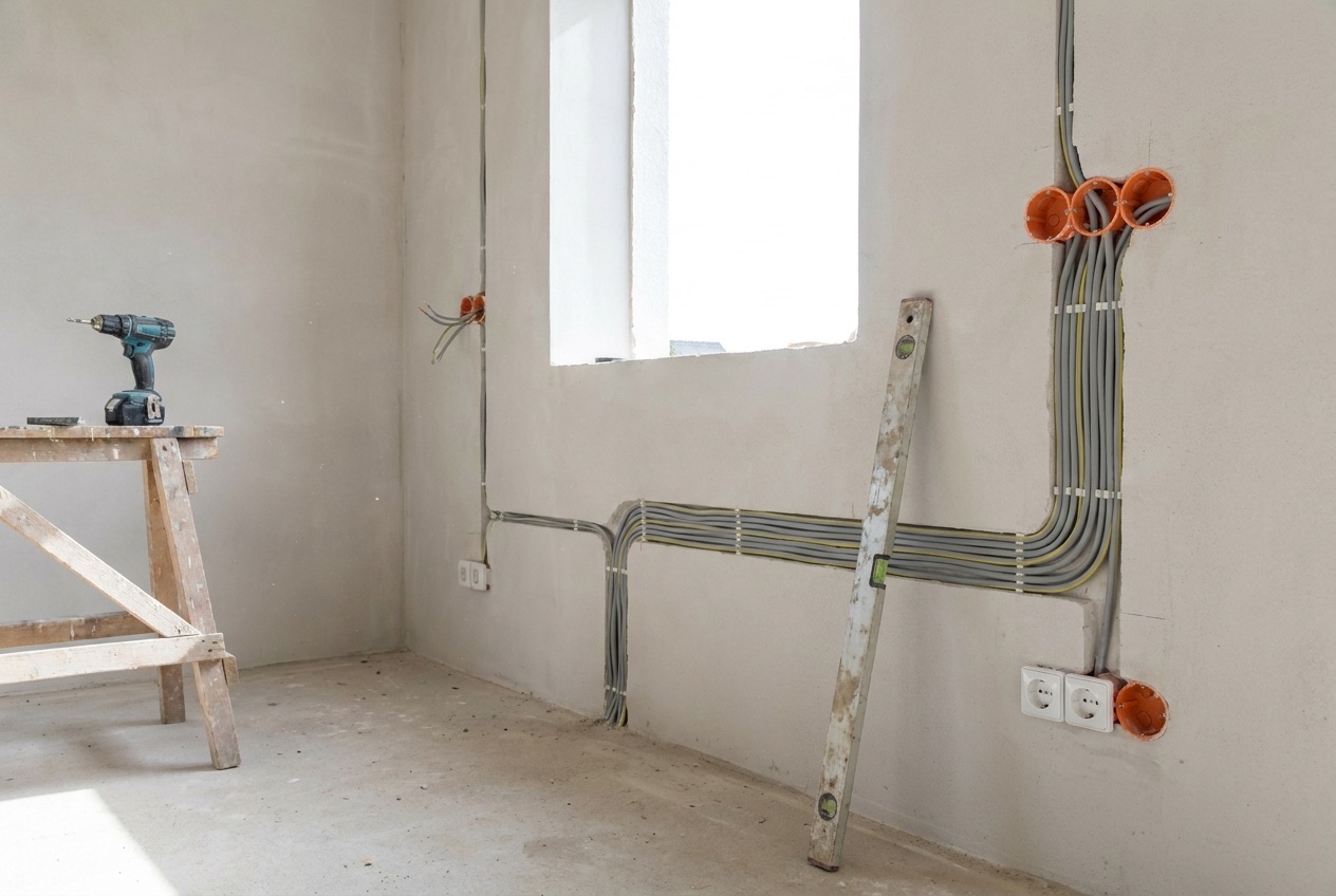 Elektroinstallation in einem deutschen Neubau – verlegte Kabel und Unterputzdosen