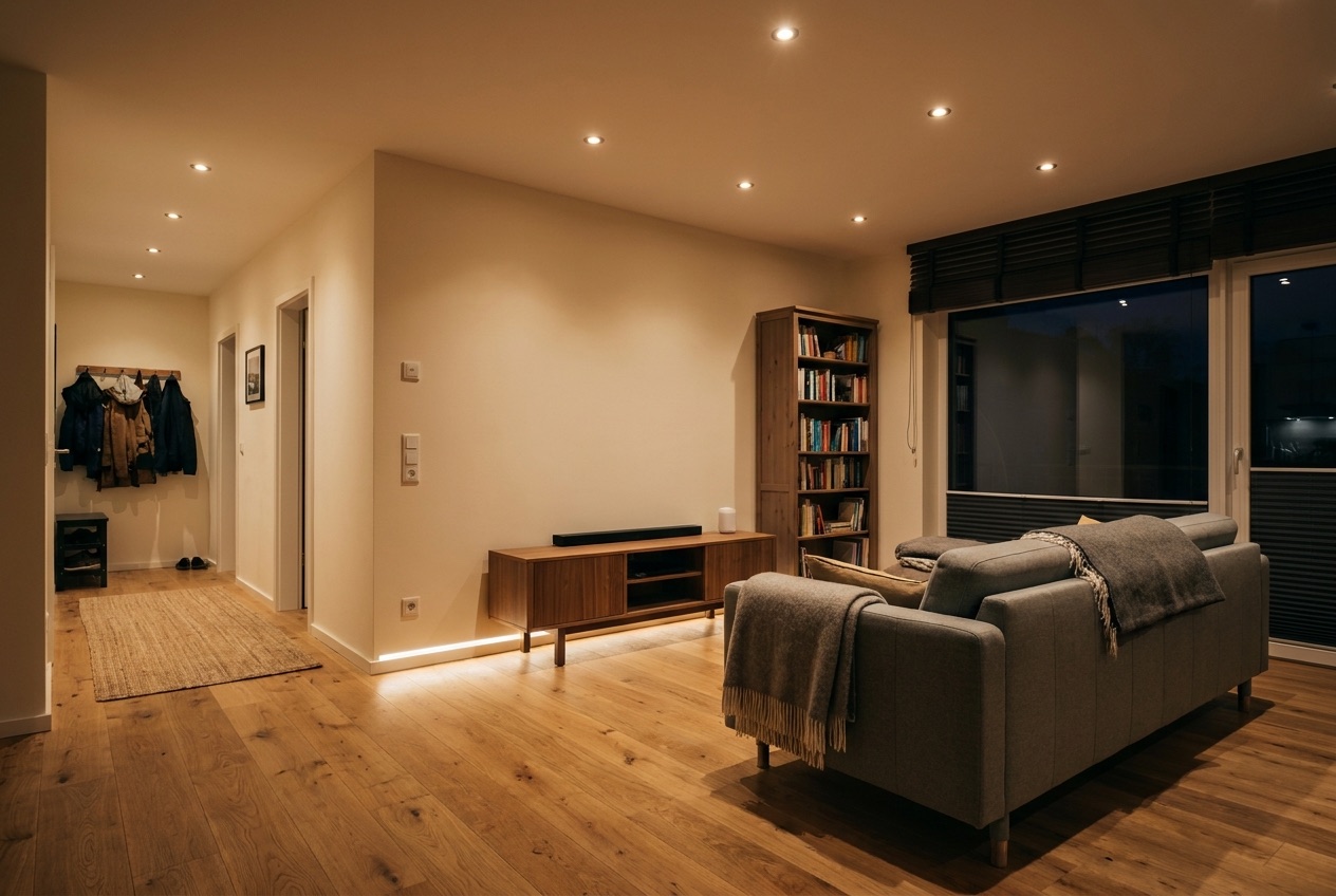 Moderne LED-Beleuchtung in einem deutschen Wohnraum, geplant und installiert