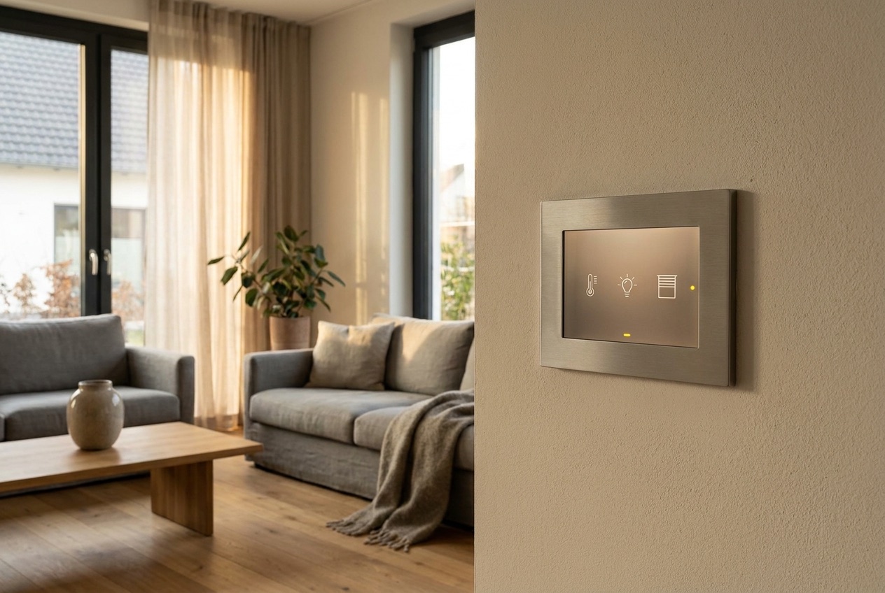 Smart-Home-Bedienpanel an der Wand eines modernen deutschen Wohnhauses