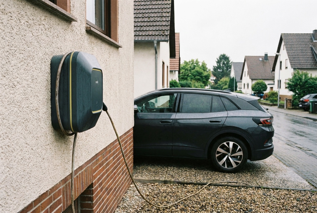 Wallbox-Ladestation an einem Einfamilienhaus in Deutschland mit E-Auto