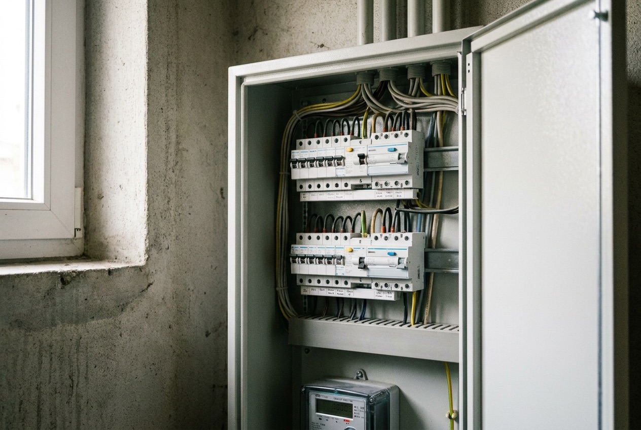 Moderner Zählerschrank mit Sicherungen in einem deutschen Haus